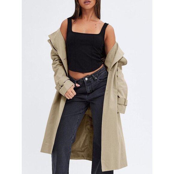 Women's Khaki Double-Breasted Trench Coat, Casual Windproof Overcoat with Belt - Picture 2 of 5